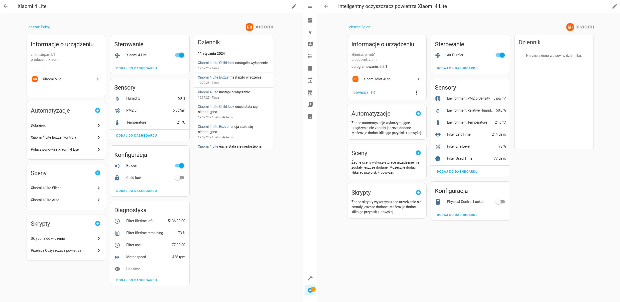 Porównanie dostępnych opcji w Xiaomi Miio (po lewej) i Xiaomi Miot (po prawej)